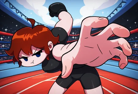 score 9, score 8 up, score 7 up, rating questionable, 1girl,
easynegative, GF FNF, pout, in a boxing stadium, outside,
tight shorts, black top, black gloves, P3P3_PUNCH, fist