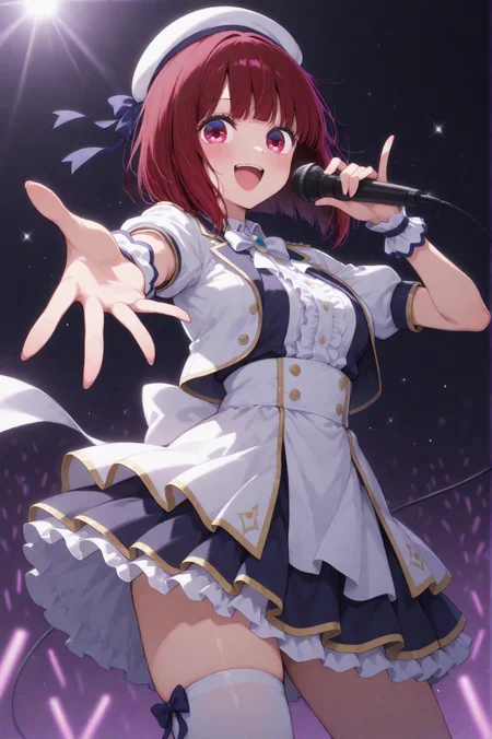 masterpiece best quality, absurdres very aesthetic, general, depth of field,intricate details, clean outline, thick lines, clear-edged_thin-outline,
((a girls singing on her last stage)), (arima kana:1.1), (oshi no ko:1.2), high-teens cute girls, ;D,
(singing on the stage in background),holding a microphone with left hand, b-komachi \(new\) white idol costume, White Beret,fulled up (white_glawing:1.3) sticks,
from front view,medium full shot,cinematic angle and shot and stage lighting, <lora:aesthetic_anime_v1s:0.6>