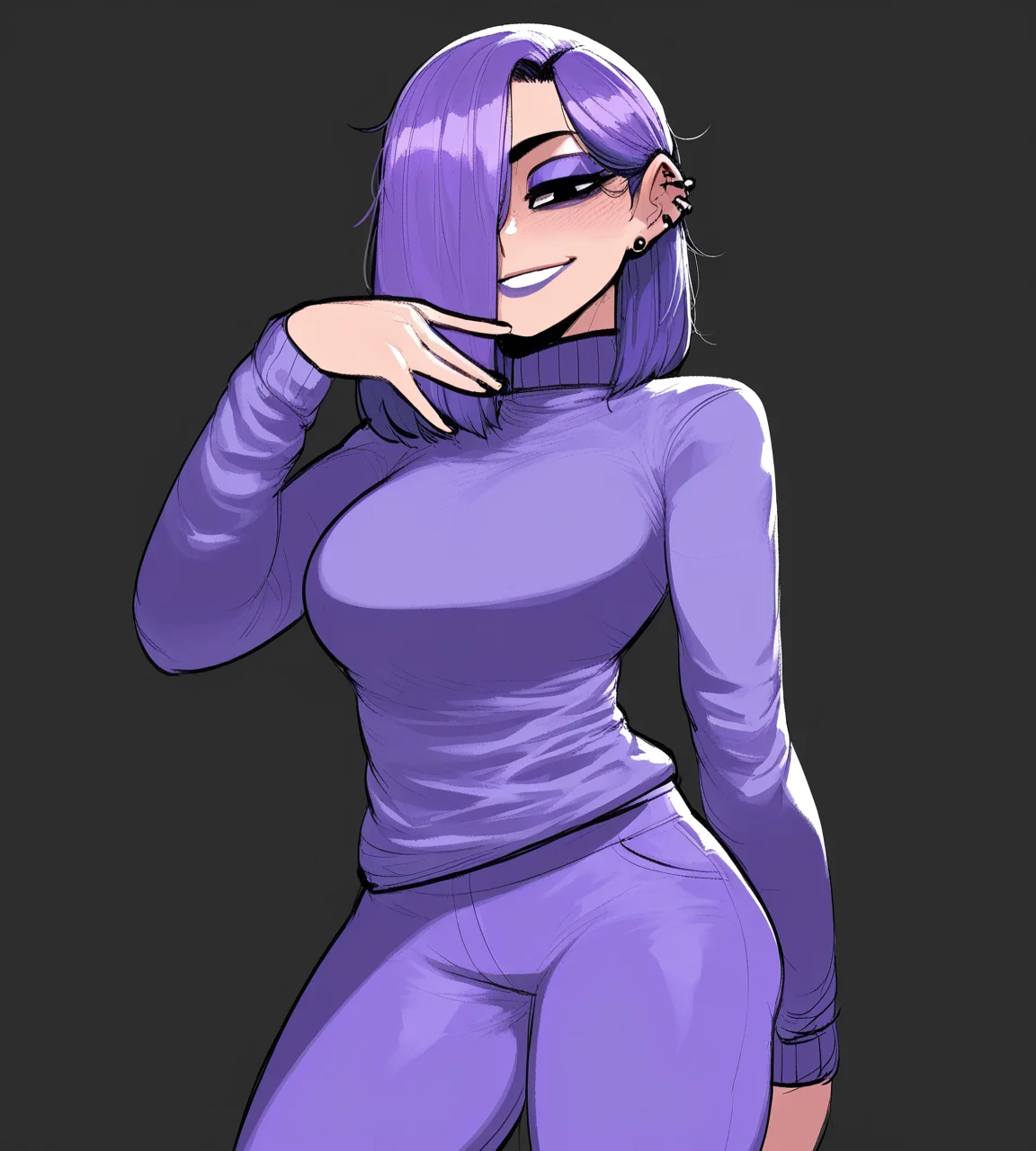 krekkov, (nyantcha:0.5), masterpiece, best quality, high quality, absurdres, very awa, 1girl, solo, lily \(duolingo\), purple hair, medium hair, hair over one eye, purple eyeshadow, ear piercing, purple sweater, purple pants, cowboy shot, pose, looking at viewer, <lora:noobaivpred075_lily_duolingo:1>