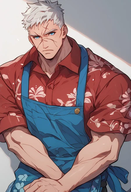 score_7, score_8, score_9, high quality, best quality, masterpiece, absurdres, mature male, 1male, solo,  bara, anime, very detailed, absurdres, highly detailed texture, (highly detailed face, (perfect face, perfect eyes)), soldier 76, white hair, blue eyes, scar on face, scar across eyes, scar on mouth, red shirt, hawaiian shirt, apron, beige short,