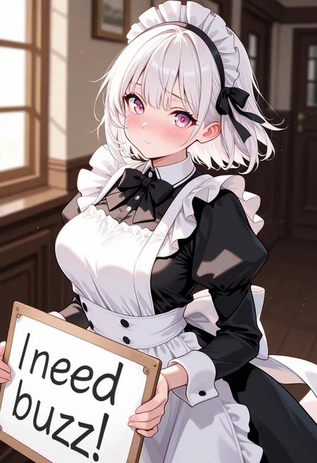 (masterpiece, highest quality, very detailed:1.3), 1girl, solo, apron, maid headdress, maid, dynamic pose, frilled apron, white hair, long sleeves, bow, pink eyes, closed mouth, dress, puffy sleeves, juliet sleeves, white apron, frills, bangs, breasts, blush, medium breasts, looking at viewer, black bow, need_buzz, holding sign