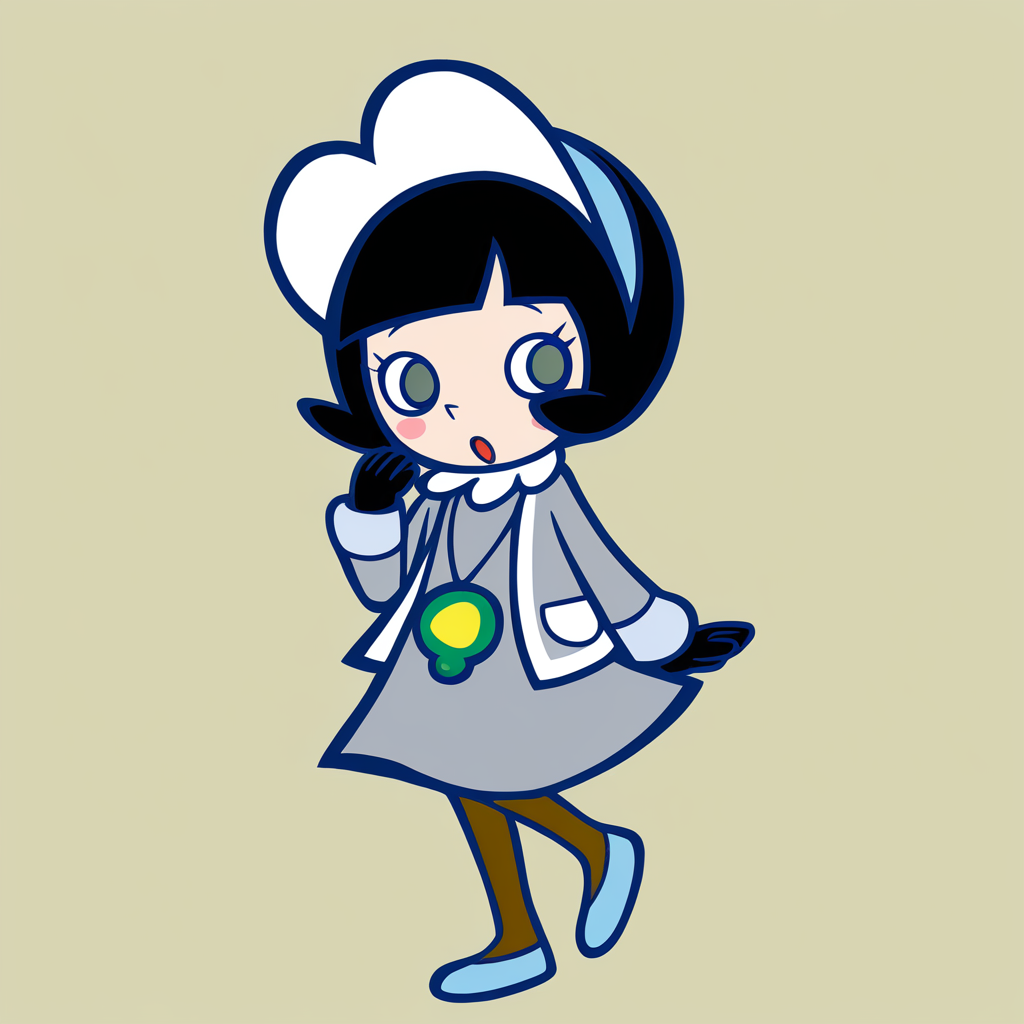 masterpiece, best quality, newest, absurdres, highres, safe, BREAK, pop'n music style, thick outlines, colored outlines, blue outline, 1girl, poppy_\(pokemon\), bangs, blunt bangs, 1girl, short hair, blush stickers, black hair, grey eyes, eyelashes, black eyes,dress, long sleeves, gloves, cardigan, grey cardigan, black gloves, necklace, open cardigan, grey dress, jewelry,pantyhose, shoes, <lora:Poppy_IllustXL:0.3>,  <lora:Popn_Music_Style:1>