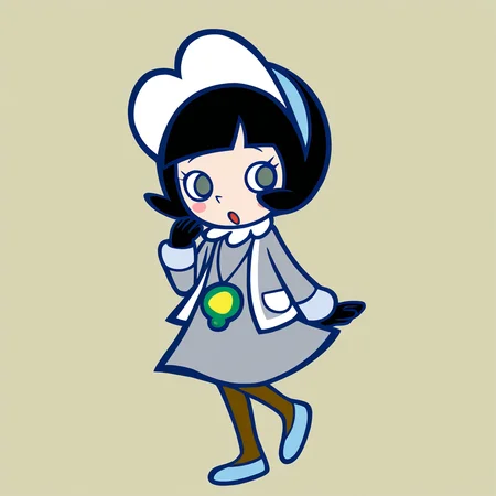 masterpiece, best quality, newest, absurdres, highres, safe, BREAK, pop'n music style, thick outlines, colored outlines, blue outline, 1girl, poppy_\(pokemon\), bangs, blunt bangs, 1girl, short hair, blush stickers, black hair, grey eyes, eyelashes, black eyes,dress, long sleeves, gloves, cardigan, grey cardigan, black gloves, necklace, open cardigan, grey dress, jewelry,pantyhose, shoes, <lora:Poppy_IllustXL:0.3>,  <lora:Popn_Music_Style:1>
