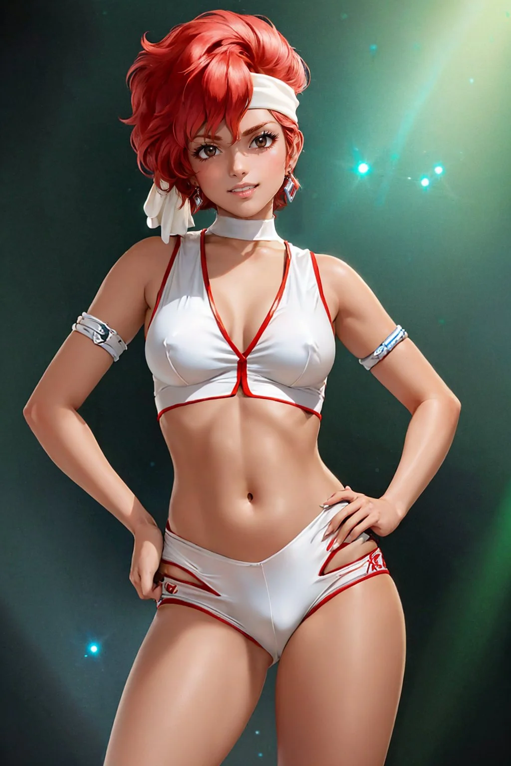 (masterpiece, best quality:1.2), <lyco:dirtypair_kei-11:1.0>, cowboy shot, solo, 1girl, dirtypairkei, dark skin, dark-skinned female, grin, looking at viewer, hands on hips, uniform, crop top
