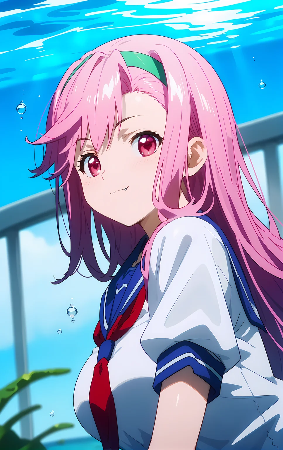 (score_9, score_8_up, score_7_up), standing, leaning forward, looking at viewer, light smile, closed mouth, shiny skin, tight clothes,
ohwx, 1girl, solo, pink_hair, long_hair, hairband, pink_eyes, red eyes, heart, fang, fang_out, breasts, large_breasts,
school_uniform, serafuku,
aquarium,
cowboy shot, dutch angle, close-up,
<lora:shiria_ootsuka_pony_ss:1>