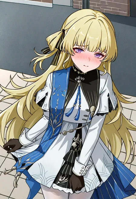 1girl, solo, phoebe wuthering waves, blonde hair, purple eyes, black gloves, blue sash, side cape, blue cape, long sleeves, white dress, white pantyhose, looking at viewer,
pulling at viewer's sleeve, pleading expression, blush, pov sleeve tug, city sidewalk, mid-range, three-quarter view, bustling crowd, shy and nervous mood
, <lora:Character_Phoebe-000015:0.8>