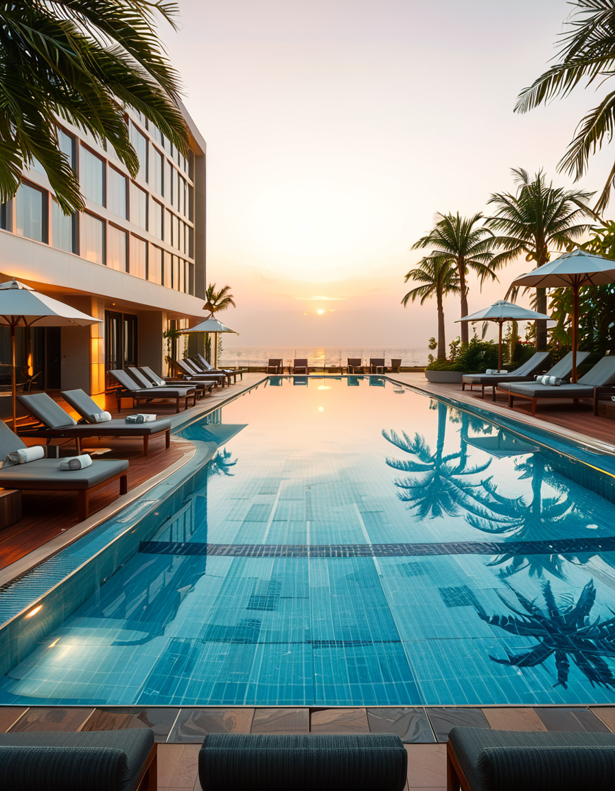 A luxurious hotel swimming pool at sunset, surrounded by elegant lounge chairs and palm trees. The crystal-clear water reflects the warm hues of the sky, creating a serene and inviting atmosphere. The pool has an infinity edge overlooking a breathtaking ocean view, with soft ambient lighting enhancing the tranquil mood. The surrounding area is immaculately maintained, with neatly arranged sunbeds, stylish umbrellas, and a sleek modern poolside bar in the background. The scene is captured in ultra-high resolution, with photorealistic details emphasizing the shimmering water, the textures of the pool tiles, and the gentle movement of palm leaves in the evening breeze.
<lora:SDXLFaeTastic2400:0.4> <lora:extremely_detailed:0.4> extremely detailed, <lora:hotel_sw1mm1ng_p00l:1>,hotel sw1mm1ng p00l, Masterpiece,best quality,hi res,8k,hi res,8k,award winning,(sharp focus, intricate, highly detailed),