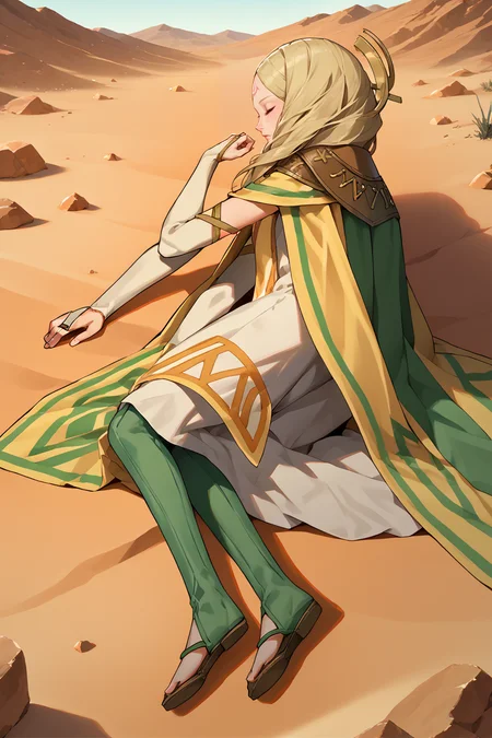 score_9, score_8_up, score_7_up, score_6_up, source_anime BREAK 1girl, solo,  <lora:feemmeryn-pdxl-nvwls-v1-000006:1> emmeryn, blonde hair, forehead mark, hair ornament, cape, bridal gauntlets, long dress, tabard, green thighhighs,  <lora:Ponyv6XLDoraYamchaPose_v10:1> yamchapose, lying, on side, closed eyes, desert, crater