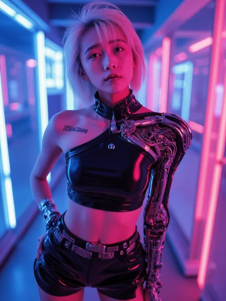 There are wonderful studio lights and various reflections,
18yo beautiful cute girl with blushing and female orgasm.skin naturally showing the texture of blood vessels and detailed pale skin,
--,
<lora:Kudo_Shizuka_f1_rank2_bf16:1>,she is Kudo Shizuka
--, futuristic scene featuring a cyberpunk-inspired cyborg model,illuminated by glowing neon blue and pink lights. The model is a seamless blend of human and machine,her upper body exposed to reveal intricate,gleaming metallic components where skin once was. Wires and mechanical joints intertwine with her form,making her both a striking piece of technology and a fashion-forward figure. Her neck and arms are entirely mechanical,with visible circuits and chrome plating that reflect the neon lights around her.ClothingShe wears a bold,black,glossy Dollskill outfit,juxtaposing her mechanical body with a sleek high-neck cropped top that hugs her remaining human form. The top glistens in the soft,futuristic lighting,while her mini skirt,adorned with metallic eyelet details,emphasizes her edgy,rebellious aesthetic. The ensemble is completed by knee-high,chunky platform boots,covered in multiple straps and buckles,making her look both battle-ready and fashion-forward.Her hair is a platinum blonde,cut in a sharp bob with blunt bangs that fall just above her eyes. She an air of mystery and detachment,while her facial expression is calm and emotionless,evoking the cool precision of an advanced AI. A small tattoo of digital characters runs down her cheek and neck,blending with the mechanical design etched into her skin,adding to her cybernetic mystique.She stands confidently,one hand resting on her hip,the other at her side,her body language showing strength and control in this high-tech world. The contrast between her human and machine elements,paired with her edgy fashion,creates a powerful and mesmerizing image of a post-human future,where fashion meets the frontier of technology,,