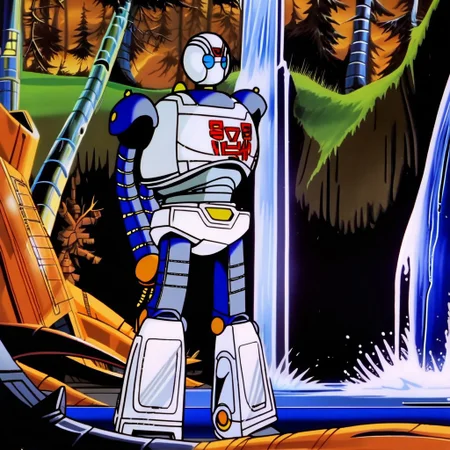 Roz(character), robot, female, Full body, arms behind back woods, waterfall, trees, in the forest, Solo, Transformers, animation, ,<lora:Transformers 86 FT:1>