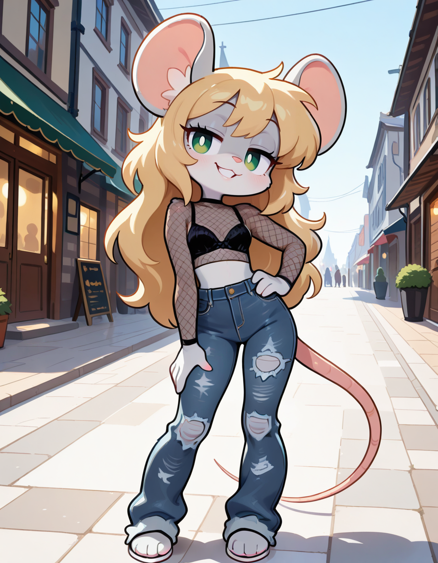 masterpiece, best quality, very aesthetic, absurdres,
outdoors, torn jeans, bra, fishnet top,
full body, seductive smile, parted lips, long eyelashes,
<lora:Chloe_v01_ILXL:1> Chloe,1girl,solo,long hair,blonde hair,animal ears,green eyes,furry female,mouse ears,mouse girl,mouse tail,body fur,white fur,bangs,animal nose,