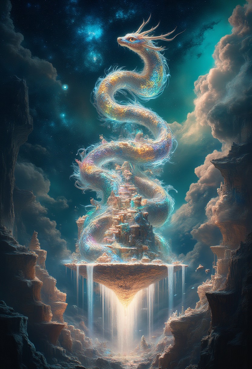 Improved cinematic photo, 35mm photograph, film, professional, 4k, highly detailed, aidmaMJ6.1,
A colossal glass serpent coiled around a floating island, its body glowing with ethereal runes,
The serpent is massive, its translucent scales shimmering with a soft, otherworldly glow in shades of emerald, sapphire, and violet. Runes of ancient power pulse across its body, creating patterns that shift and change as it moves, coiling around a floating island made of jagged rock and crystalline structures.
The island hovers against the backdrop of a vast cosmic expanse, where distant nebulae and stars swirl around it. Cascades of glowing waterfalls spill from the edges of the island, flowing upward into the void as if defying gravity. The serpent’s head, crowned with iridescent horns, rises high above, its eyes like twin moons that glimmer with knowledge and ancient wisdom.
Tiny, glowing orbs hover around the serpent, as if it commands them with its presence. The scene radiates mystical energy and ancient majesty, evoking a sense of awe and wonder at the power of this celestial creature and the island it protects.
