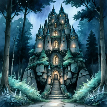 <lora:DarkGhibliMJ7SDXL:1> Studio Ghibli Dark Fairytale, The image is a painting of a castle in the middle of a forest. The castle is made of stone and has multiple towers with pointed roofs and arched windows. The towers are surrounded by trees and bushes and there are large rocks on either side of the castle. The sky is dark and cloudy and the overall mood of the image is eerie and mysterious. The painting is done in a watercolor style with soft colors and soft brushstrokes. The overall mood is one of mystery and wonder., no humans, tree, scenery, outdoors, night, nature, stairs, forest, flower, grass