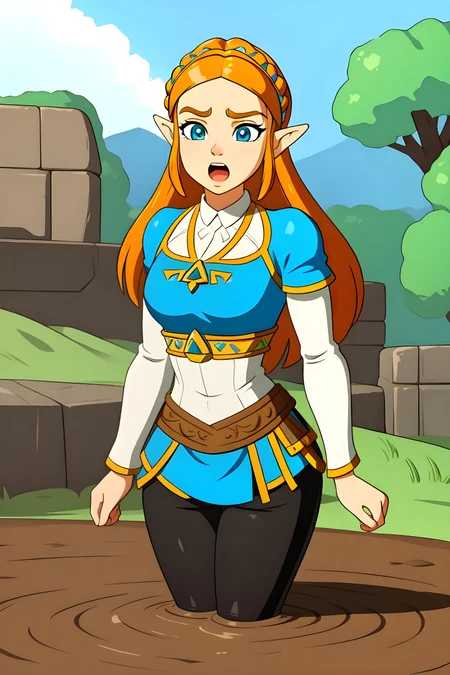 1girl, zelda\(princess\), partially submerged, sinking, mud, scared, screaming