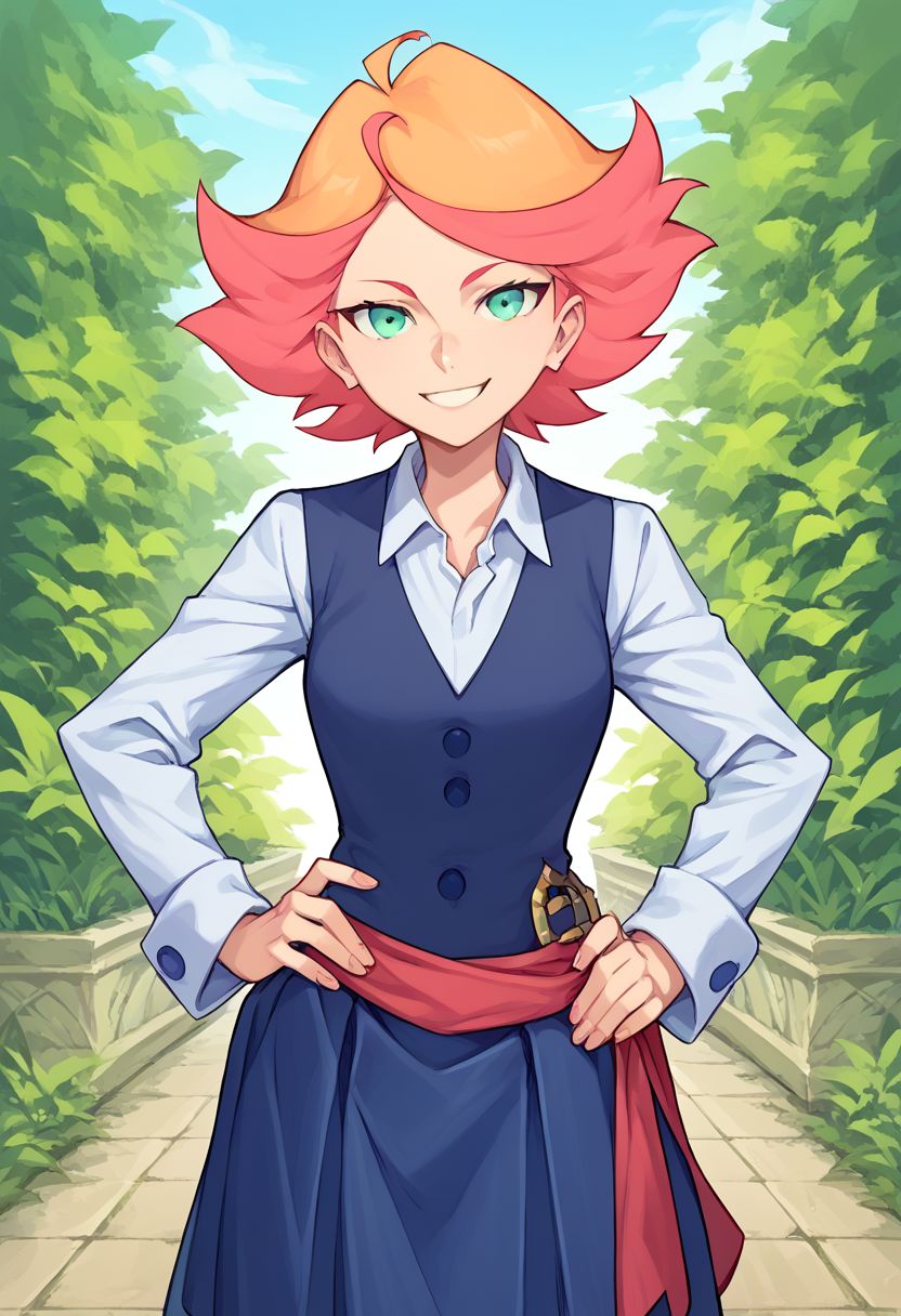 score_9, score_8_up, score_7_up, source_anime, highly detailed, 
amanda, 1girl, solo, orange hair, smile, school uniform, luna nova school uniform,
short hair, multicolored hair, looking at viewer, hand on hip, 
outdoor,