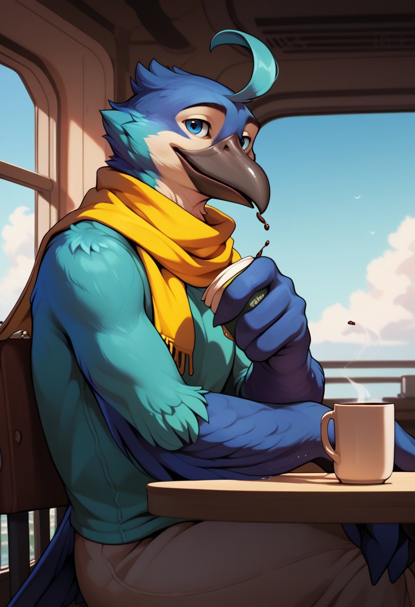 bradshaw, bird, avian, blue feathers, white feathers, ahoge, black beak, yellow scarf, furry, male, score_9, score_8_up, score_7_up, score_6_up, score_5_up, score_4_up zPDXL, solo, light effects, (high quality:1), (realistic:1.2), good anatomy, solo, nice angle, (fullbody:1), sitting, indoors, 1boy, drinking coffee, sitting inside an airship, beside window, table, sitting at table, book, looking at window