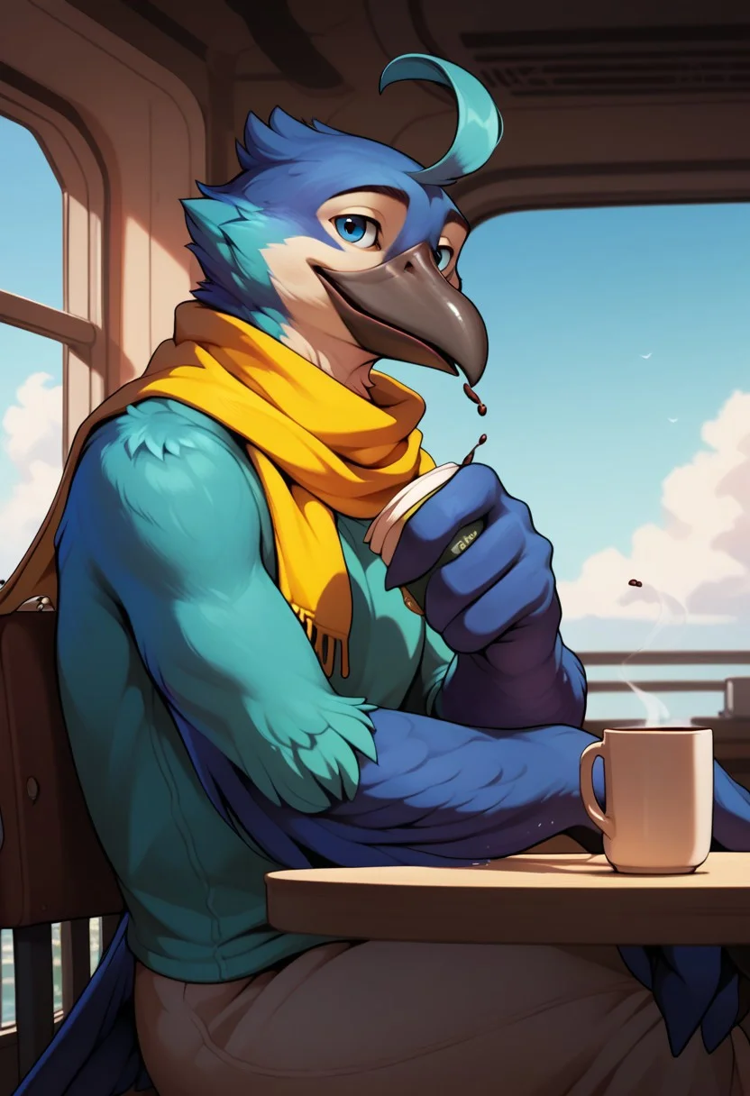 bradshaw, bird, avian, blue feathers, white feathers, ahoge, black beak, yellow scarf, furry, male, score_9, score_8_up, score_7_up, score_6_up, score_5_up, score_4_up zPDXL, solo, light effects, (high quality:1), (realistic:1.2), good anatomy, solo, nice angle, (fullbody:1), sitting, indoors, 1boy, drinking coffee, sitting inside an airship, beside window, table, sitting at table, book, looking at window