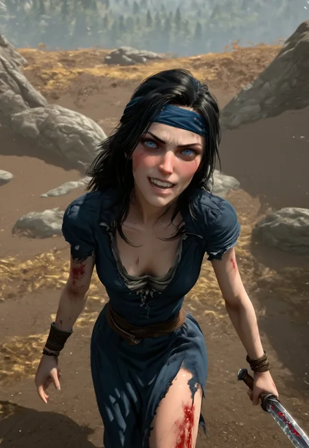 safe_pos, score_9, score_8_up, score_7_up,  BREAK, source_manga, source anime, (((dynamic pose, talking to viewer, flushed, jolly))), game, 3d game, skyrim game style, (((holding up a jagged dagger, perfect hands)))

BREAK

8K, detailed, s deathly pale white female nord of about 30 years old with pale grey blue eyes with bags under them.  She has messy black hair falling over a dirty and bloody blue headband bandana, slightly toned arms and legs, and is holding two medieval daggers.  She has small breasts and wears a tattered blue medieval dress with the sleeves ripped off and the hem cut high.  

BREAK

Skyrim rolling hills background in sunset, skyrimlandscapes

