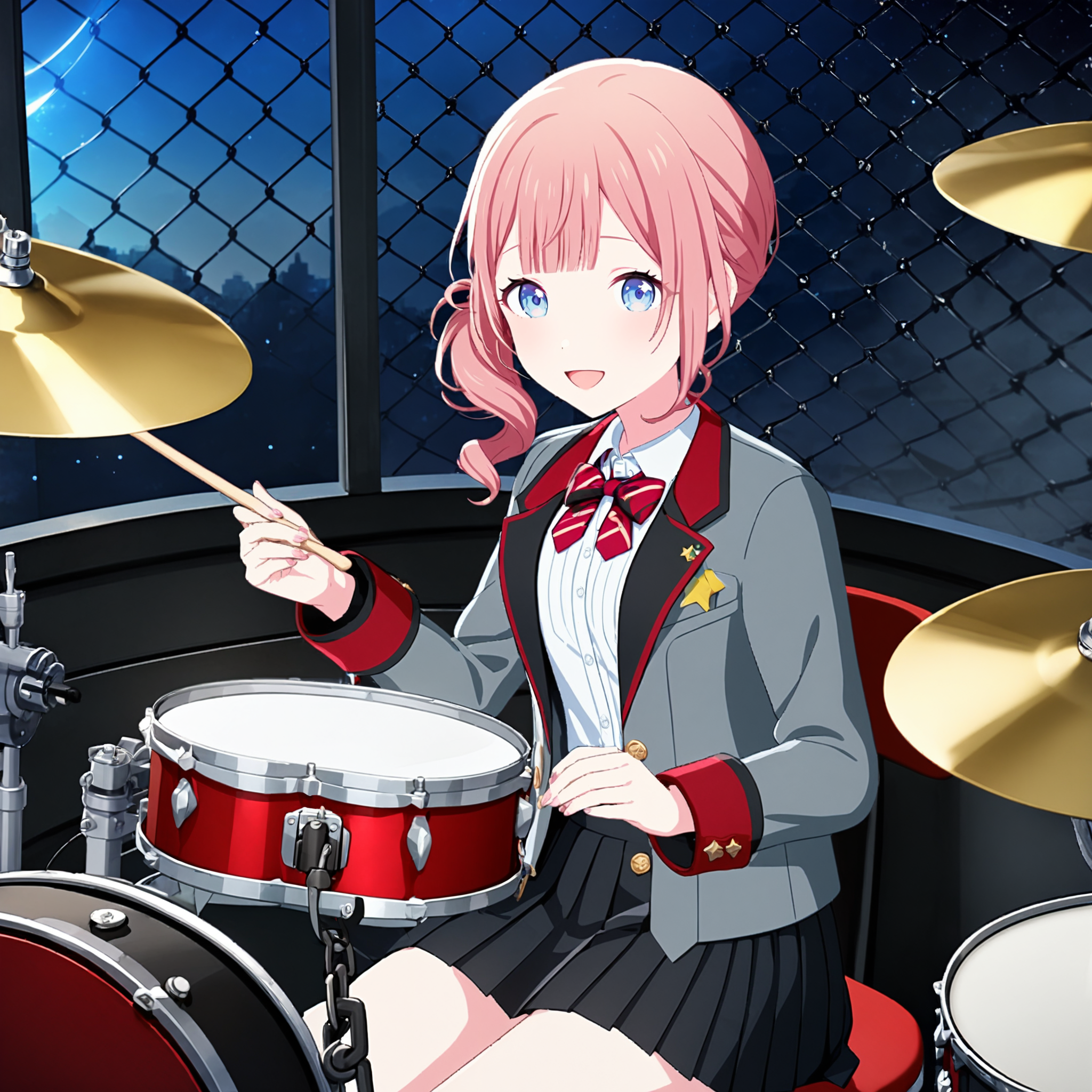 1girl, mochizuki honami, project sekai, masterpiece, very aesthetic, absurdres, official art, recent,
brandnew honami, solo, brown long hair, side ponytail, blue eyes, blunt bangs,
(looking at viewer:1.4),  :D, (sitting behind drum set), (playing drum set:1.4), holding drum stick, BREAK
black pleated skirt, white shirt, jacket, red striped bowtie, grey jacket, long sleeves, red bow, open jacket, collared shirt, star (symbol), dress shirt, buttons, school uniform, blazer, shirt tucked in, diagonal-striped bow, pocket, striped ribbon, breast pocket, wing collar, miniskirt, star \(symbol\), 
beautiful starry sky, top of the school building, (chain-link fence:1.4), (drum set in front of girl:1.4), 
<lora:sdxl-leo-BNHonami03:0.85:lbw=0,0,0.2,0.2,0,0.4,0.4,0,0.8,0.8,0,0,0,0.8,0.8,0.6,0.8,0.0,0.0,0.0,0,0,0,0,0,0>