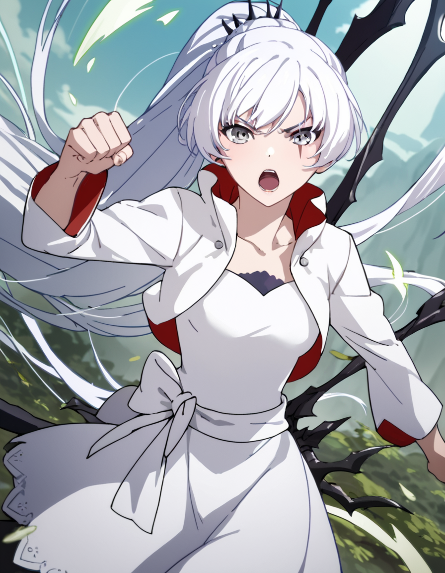 score_9, score_8_up, score_7_up, score_6_up, score_5_up, score_4_up, source_anime,  WeissSchnee, long hair, ponytail, white hair, grey eyes, scar across eye, white dress, , action pose