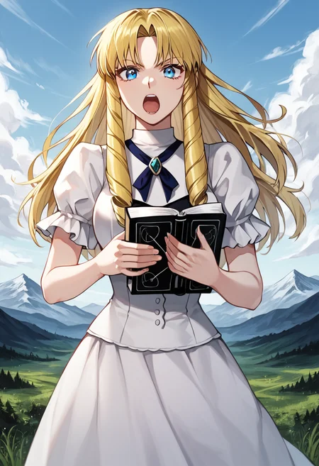 sherry_belmont, blue eyes, drill hair, long hair, blonde hair, loose hair, straight hair, medium breasts,sherry_white_dress
BREAK
outdoors, mountain
BREAK
cowboy shot, looking at viewer, standing,open mouth, screaming, serious face, magic_book, holding a black magic open book, open book, book is glowing with black light, combat pose, dynamic pose
BREAK
score_9, score_8_up, score_7_up, source_anime ,zPDXL, <lora:Sherry_Belmont:0.8>, perfect hand, high res image,masterpiece,best quality,girl,cute face,clear skin,shiny hair,ultra detailed eyes