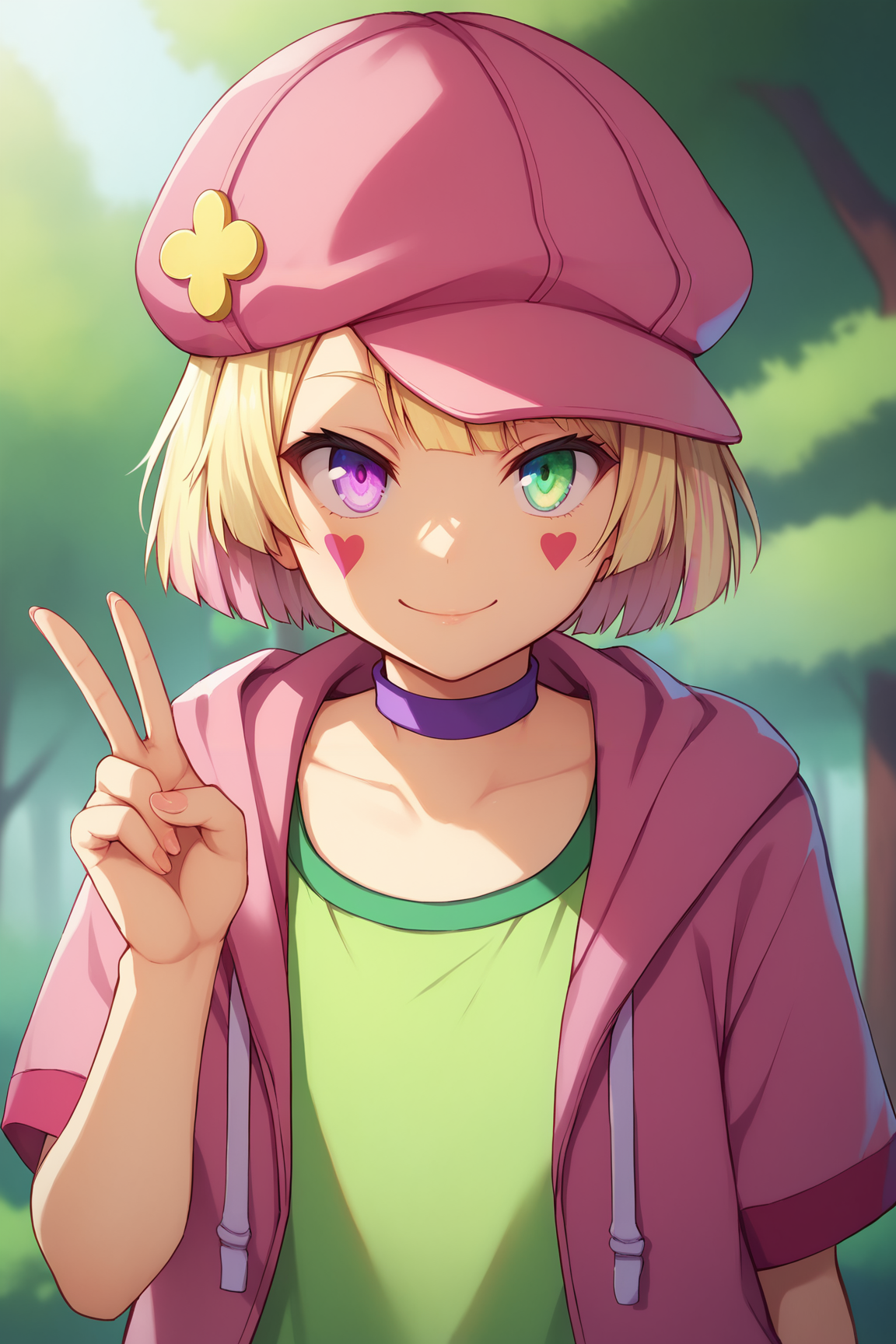 score_9, score_8_up, score_7_up, score_6_up, BREAK, TetNGNLPXL, facial mark, green eyes, (purple eye), multicolored eyes, heterochromia, blonde hair, short hair, bob cut, bangs, pink hat, flat chest, purple choker, pink jacket, open jacket, green shirt, solo, front view, peace sign, (portrait, upper body), solo focus, seductive smile, looking at viewer, forest, tree  <lora:TetNGNLPXL:0.8>