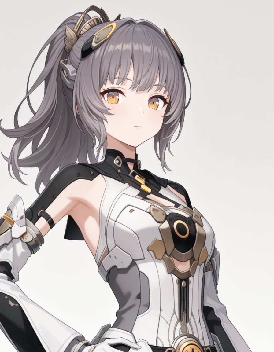 masterpiece,best quality,amazing quality,very aesthetic,high resolution,ultra detailed,perfect details,
<lora:mai_pgr_nanami_mxzj:1>,
mai_pgr_nanami_mxzj,1girl, solo, long_hair, looking_at_viewer, hair_ornament, dress, closed_mouth, yellow_eyes, grey_hair, ponytail, sidelocks, detached_sleeves, belt, official_alternate_costume, grey_background, white_dress, orange_eyes, clothing_cutout, headgear, high_ponytail, grey_dress, mechanical_arms, mechanical_parts, armpit_cutout