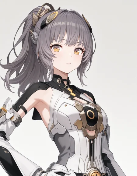 masterpiece,best quality,amazing quality,very aesthetic,high resolution,ultra detailed,perfect details,
<lora:mai_pgr_nanami_mxzj:1>,
mai_pgr_nanami_mxzj,1girl, solo, long_hair, looking_at_viewer, hair_ornament, dress, closed_mouth, yellow_eyes, grey_hair, ponytail, sidelocks, detached_sleeves, belt, official_alternate_costume, grey_background, white_dress, orange_eyes, clothing_cutout, headgear, high_ponytail, grey_dress, mechanical_arms, mechanical_parts, armpit_cutout