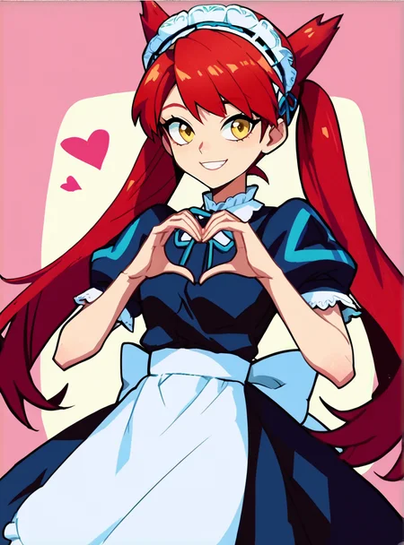 score_9, score_8_up, score_7_up, score_6_up, score_5_up, score_4_up source_anime, anime screencap, <lora:LAtiasAdventure:0.8>1girl, adventurelatias, solo, twintails, red hair, maid headdress, maid, smile, yellow eyes, long hair smile heart hands,