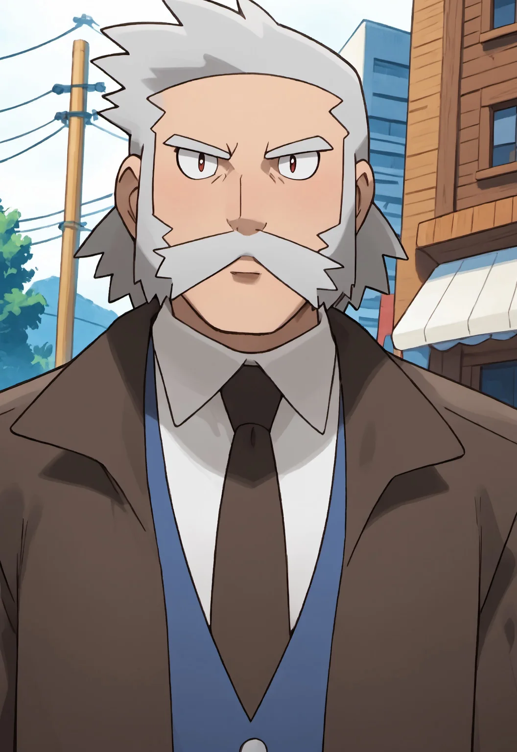 safe_pos, safe_pos, score_9, score_8_up, score_7_up, rating_nsfw, ultra hd, absurdres, solo, 1boy, masterpiece, best quality, best aesthetic, Expressiveh, wolfconf,
PokemonRowan, grey hair, beard, mustache, collared shirt, black necktie, coat, (portrait), looking at viewer, happy, outdoors