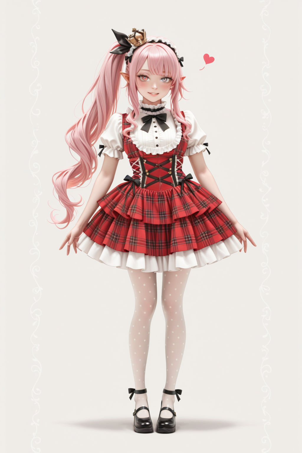 masterpiece, best quality, amazing quality, 1girl, solo, makeup, general, looking at viewer, blush, highres, mischievous grin, exaggerated, (cute pose), heart, standing, kawaii background, playful energy, <lora:dolores_ill_v2:0.5>, dolores, pink hair, very long hair, side ponytail, hair bow, black bow, mini crown, pointy ears, orange blue heterochromia, <lora:Showaretrocakeskirtdress:0.9>, Showaretrocakeskirtdress, plaid, red dress, hair bow, pantyhose, black footwear, polka dot legwear, (layered skirt:1.2), ribbon, (ribbon plaid hairband:1.1), white short sleeves, frill, <lora:wai-2Rectified-V140:1>, <lora:illustrious_noobai_epsilon_pred_1_masterpieces_v1:1>