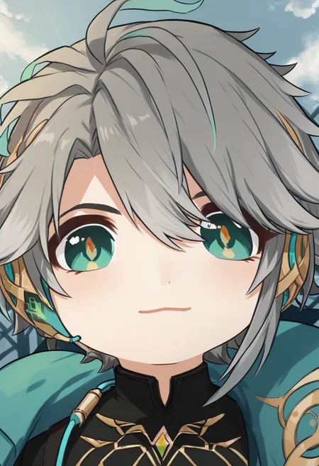 score_9, score_8_up, score_7_up,alhaitham, multicolored hair, grey hair, green eyes, orange pupils, earphones, aged down, ba_chibi