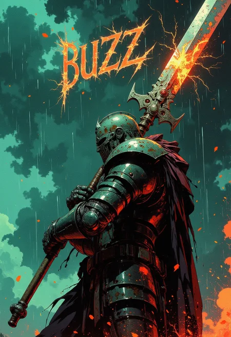 Ev Ganin style. A highly detailed cinematic scene, side profile close up of knight in heavy, rusted armor, wielding and holding a glowing giant sword up high above his head against a backdrop of dark, stormy clouds. The knight's helmet is obscured by smoke, and lightning strikes around them. text in fiery font "BUZZ" Rain pours down heavily, creating a dramatic and atmospheric scene. The overall style is dark, gritty, and realistic, with a focus on the knight's determination and the intensity of the battle. The composition should be dynamic, with the knight in the center, surrounded by the chaos of the storm, dramatic, last hope. CAICO