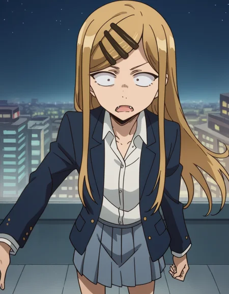 score_9, score_8_up, score_7_up, source_anime, <lora:saya-endou-s2-ponyxl-lora-nochekaiser:1>, saya endou, long hair, blonde hair, hair ornament, brown eyes, hairclip, fang, wide-eyed, constricted pupils, sanpaku,, skirt, shirt, hair ornament, school uniform, jacket, pleated skirt, socks, blazer,, city skyline, rooftop view, night time, city lights, quiet reflection, , , arm straight out to the side, solo,, cowboy shot, dutch angle