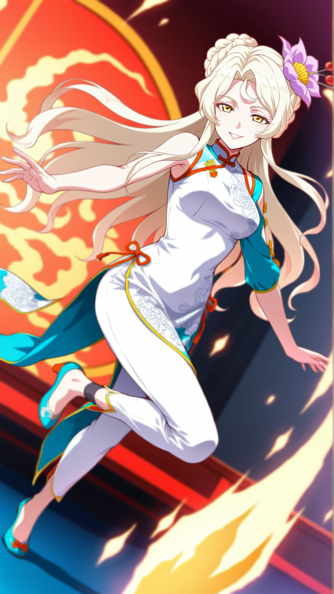 source_anime, general, best quality, masterpiece, 1girl,  <lora:Sasha_ill_v1.0:1> sasha\(scarlet grace\),yellow eyes, long hair, blonde hair,white hair,hair ornament, hair flower, china dress, dynamic pose, dutch angle,happy, seductive smile,   full body,