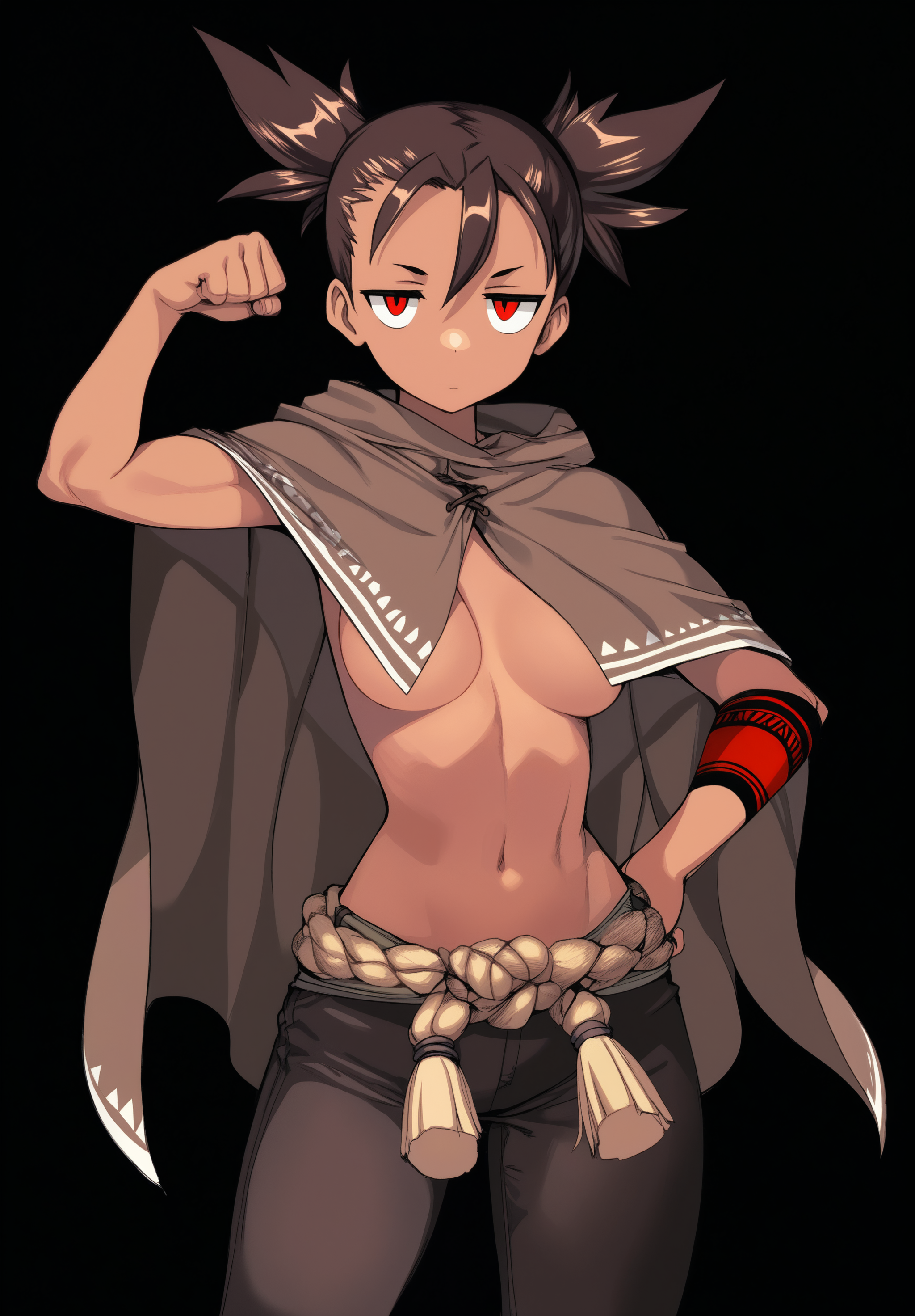 masterpiece,absurdres,best quality,high quality,<lora:Cool Rance V4 Vpred Noob:1>,1girl,dark-skinned female,very short hair,brown hair,pointy hair,poncho,linea alba,navel,medium breasts,brown cape,brown pants,rope belt,red armbands,red eyes,arm up,clenched hand,hand on own hip,black background,jitome,cowboy shot,flexing,looking at viewer,convenient censoring,topless,