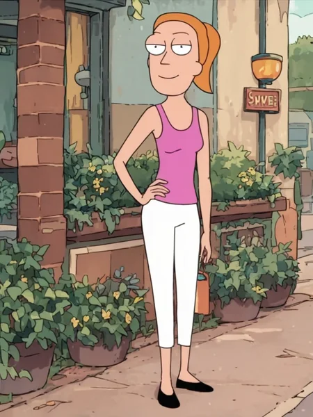 , looking at viewer,hand on own hip, outdoors,<lora:SummerPony1.0:1>black footwear,summer.smith, orange hair, 1girl, ponytail, solo, pink tank top, white pants, smile, hand on hip,, score_9, score_8_up, score_7_up, score_6_up