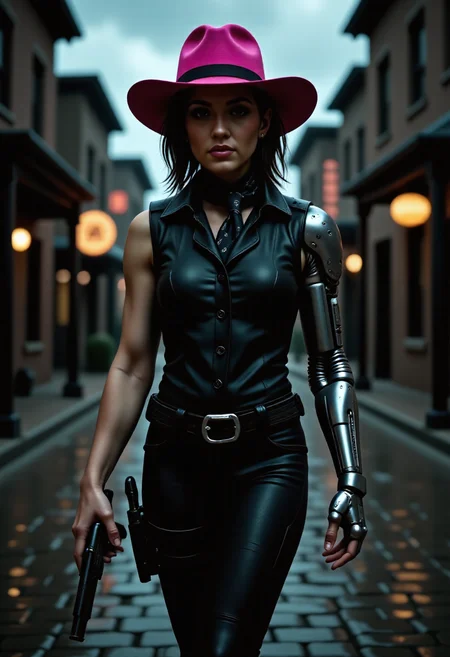 A captivating scene unfolds in a futuristic Western town, where rain gently falls on the wet cobblestone street. A a half body photo of a woman with medium-length hair, gunslinger_girl, with a unique cybernetic twist, stands ready for action. Her petite toned frame is accentuated by cybernetic implants, and her right arm, single_mechanical_arm, contrasts with her natural left arm. Dressed in all black, except a hot pink wide-brimmed '10 gallon' cowboy hat, and hot pink cowboy boots, a leather duster, high neck western shirt buttoned up with a bolo_tie, black vest, and tight_pants. She embodies the fusion of old-world charm and futuristic enhancements. The black bandana around her neck and the laser pistol, holstered_weapon, in her western style gunbelt and thigh_holster complete her distinctive style, leaving viewers intrigued by this imaginative take on a classic Western setting. <lora:flux/aidmaImageUpgrader-FLUX-V0.2:1>, aidmaimageupgrader, realistic, <lora:flux/The beauty of realism (FLUX):1>, realism, chiaroscuro, cinematic quality, rays of light, play of shadow and light,