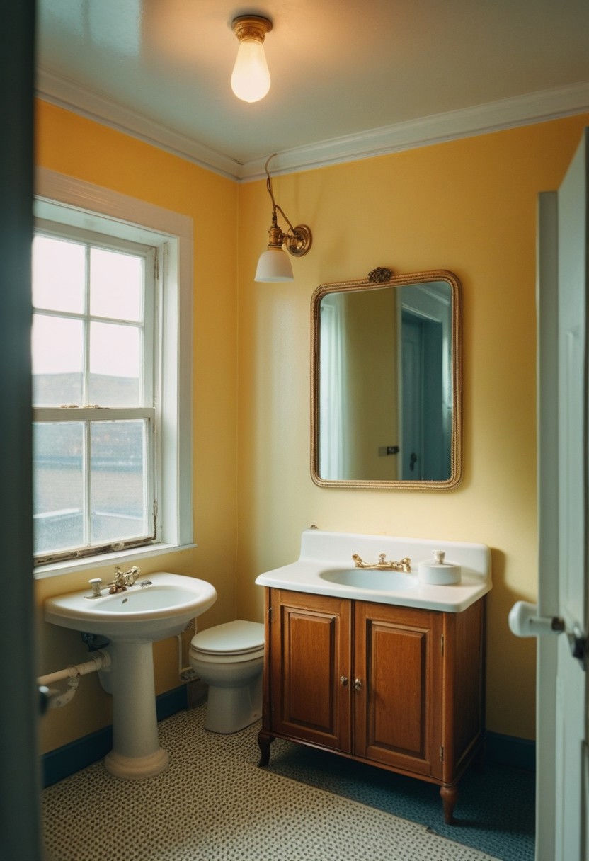 masterpiece, absurdres, best quality, Versabg, no humans, indoors, window, scenery, toilet, lamp, sky, cabinet, sink, door, table, realistic, ultra HD photography, kodak ektar
