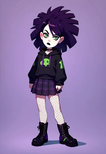 score_9, score_8_up, score_7_up BREAK JaniceCS, dark purple hair, green eyes, pale skin, black eyeliner, black lipstick, black hoodie, pleated plaid purple skirt, fishnet stockings, black combat boots, spiky wristbands, full body, solo, solo focus,