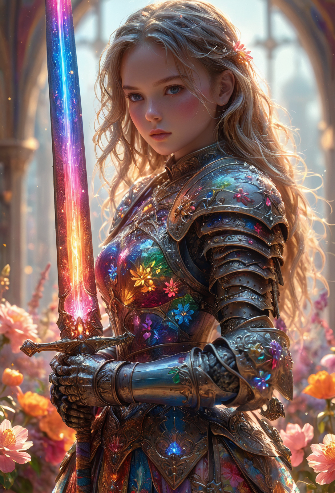 amazing quality, masterpiece, best quality, hyper detailed, ultra detailed, UHD, perfect anatomy, 
blurry background, outdoor, studio lighting, bright foreground, face to viewer,
a girl wearing armor, holding sword, 
a cluster of flowers in brilliant and colorful hues, 
an array of blossoms in a vibrant tapestry, 
glowing, shine, dazzling,
<lora:FantasyKnightsHKStyle:0.85>, HKStyle,
<lora:add-detail-xl:0.75>,
<lora:EnvyBetterHiresFixXL01:0.75>,
<lora:extremely_detailed:1.5>, extremely detailed,
<lora:ral-czmcrnbw-sdxl:0.6>, ral-czmcrnbw,