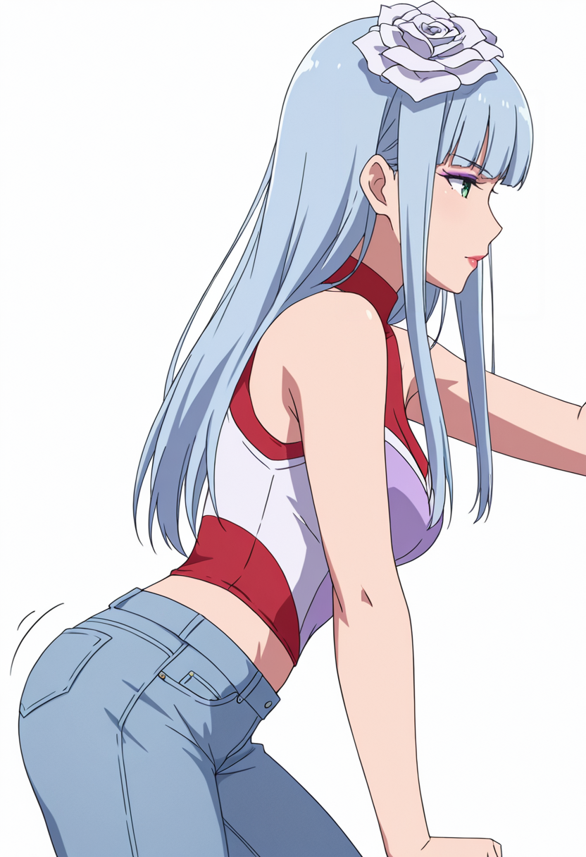 Smooth Quality,masterpiece,very intricate, high quality details, ultra realistic, high detailed skin,detailed enviorement,absurdres,
 <lora:Manami_Supernova_CNR:0.8> manami_cnr, 1girl,blue hair, long hair, blunt bangs, green eyes, makeup, lipstick,white flower,hair flower, hair ornament,, simple background, white background, from side,solo,
walking motion, mid-stride, one arm swinging forward, dynamic limb positioning  ,, | |,, kimono,  ,compression shirt,  ,jeans, ,