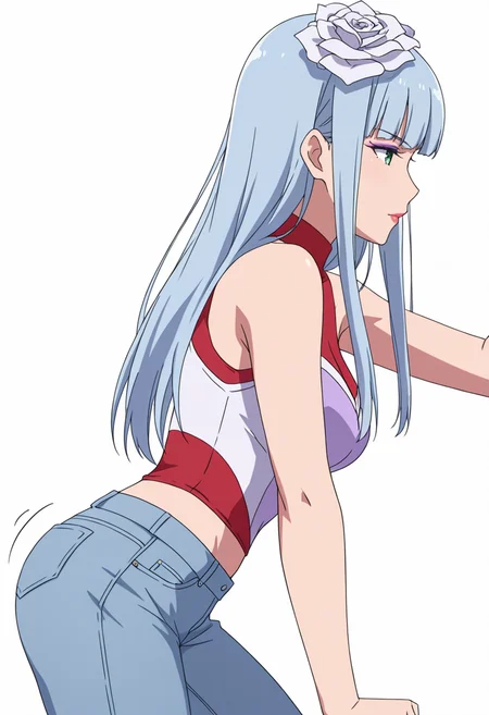 Smooth Quality,masterpiece,very intricate, high quality details, ultra realistic, high detailed skin,detailed enviorement,absurdres,
<lora:Manami_Supernova_CNR:0.8> manami_cnr, 1girl,blue hair, long hair, blunt bangs, green eyes, makeup, lipstick,white flower,hair flower, hair ornament,, simple background, white background, from side,solo,
walking motion, mid-stride, one arm swinging forward, dynamic limb positioning ,, | |,, kimono, ,compression shirt, ,jeans, ,
