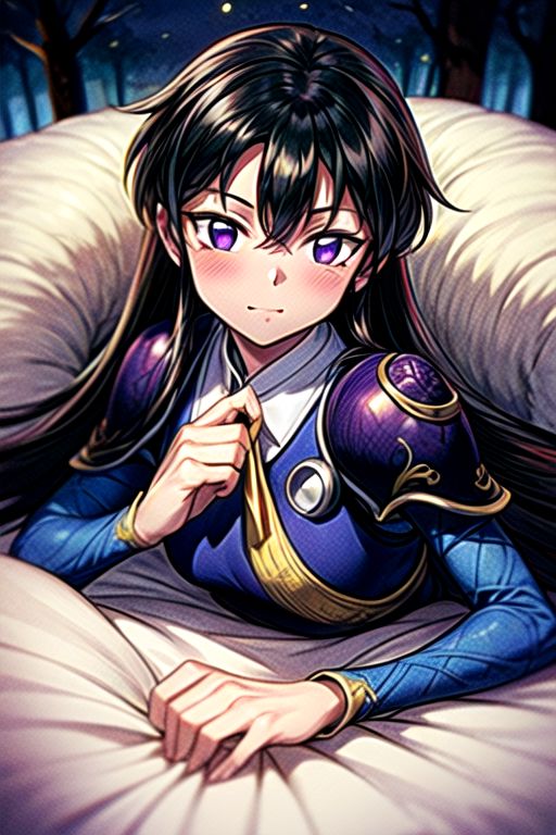 best quality 1girl Setsun4 solo long hair,  (night time) forest background black hair very long hair purple eyes multicolored hair armor, small, (fur trim) (medium body),<lora:EMS-179-EMS:0.800000>,<lora:EMS-293862-EMS:0.800000> bow, hair_bow, hair_tubes, red_bow, brown_hair, long_hair, bangs, ascot, frilled_bow, yellow_ascot, blush, smile, hair_between_eyes, athletic, armor, miko, ,(((intricate outfit,intricate clothes,embroidered outfit,ornate outfit,embroidered clothes,ornate clothes))), laying down, lying down