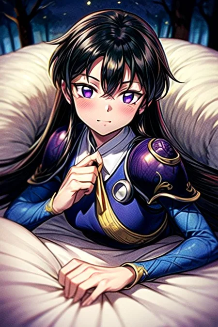 best quality 1girl Setsun4 solo long hair, (night time) forest background black hair very long hair purple eyes multicolored hair armor, small, (fur trim) (medium body),<lora:EMS-179-EMS:0.800000>,<lora:EMS-293862-EMS:0.800000> bow, hair_bow, hair_tubes, red_bow, brown_hair, long_hair, bangs, ascot, frilled_bow, yellow_ascot, blush, smile, hair_between_eyes, athletic, armor, miko, ,(((intricate outfit,intricate clothes,embroidered outfit,ornate outfit,embroidered clothes,ornate clothes))), laying down, lying down