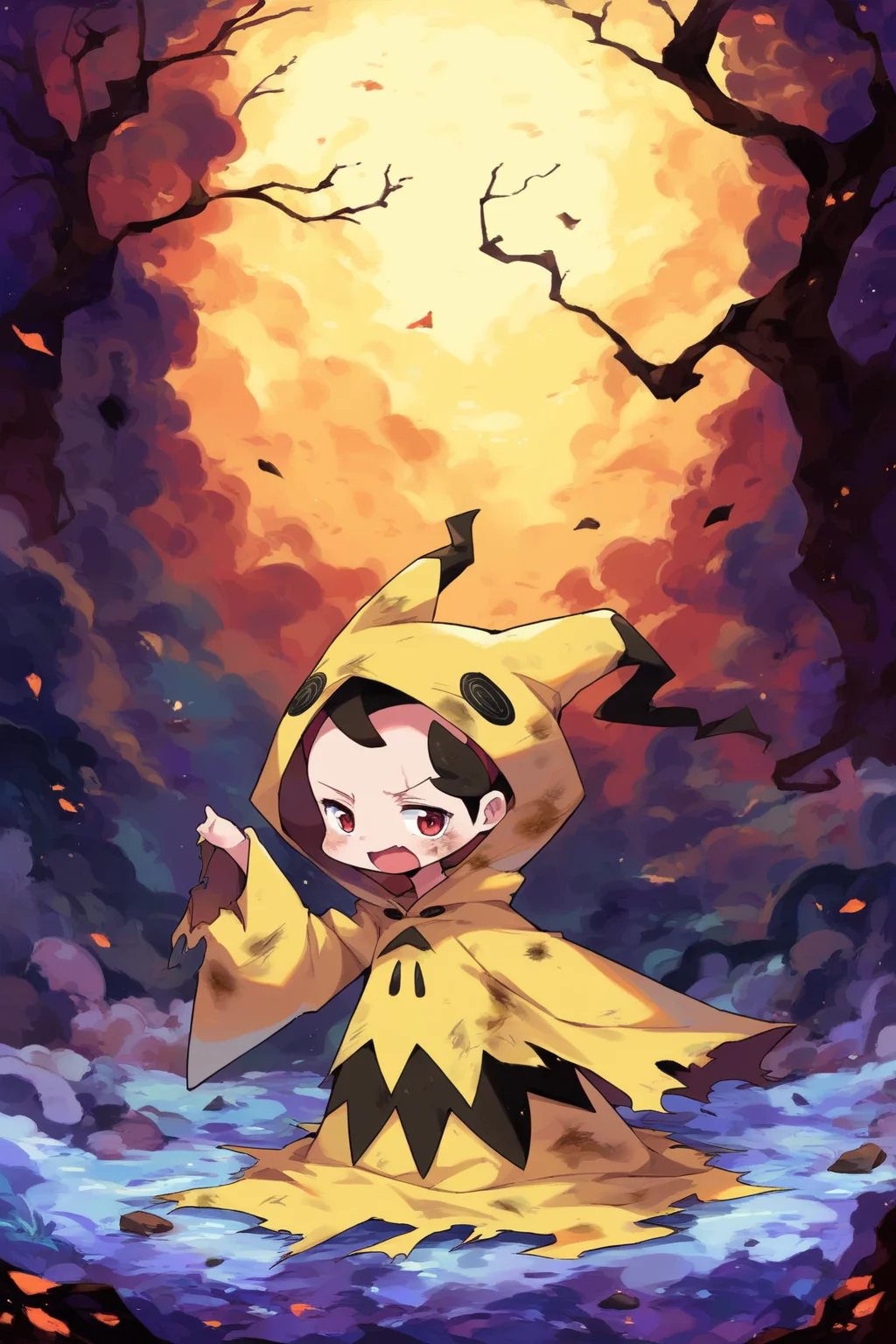score_9, score_8_up, score_7_up, score_6_up, score_5_up, score_4_up, masterpiece, high quality, BREAK, full body, BREAK, 1girl, <lora:MimikyuFit:0.9> MimikyuFit, mimikyu, pokemon, outfit, hood, pale yellow outfit, ripped clothes, broken clothes, dirty clothes,