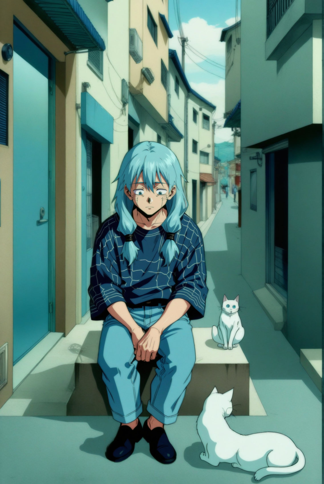1boy, male focus, mahito \(jujutsu kaisen\), jujutsu kaisen , (90s anime style:1.5), front view, outdoors, street view, (looking down:1.3), perfecteyes, shirt, denim shorts, (a single white cat sitting next to them) <lora:detailed_notrigger:1> <lora:ParchartXL_CODA:0.2> <lora:Isometric Cutaway:1> <lora:PerfectEyesXL:1> <lora:Surreal Harmony:0.2>
