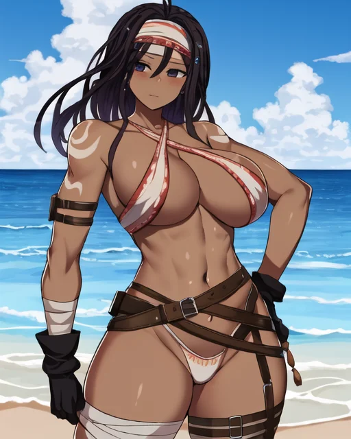 (masterpiece, best quality, high resolution),cowboy shot, 1girl, solo, darlims, gloves, headband, muscular female, belt, halterneck, bandages, tattoo, navel, thigh strap, dark skin, <lora:DarliMS:1>
<lora:HinghoiStyleMS:1>