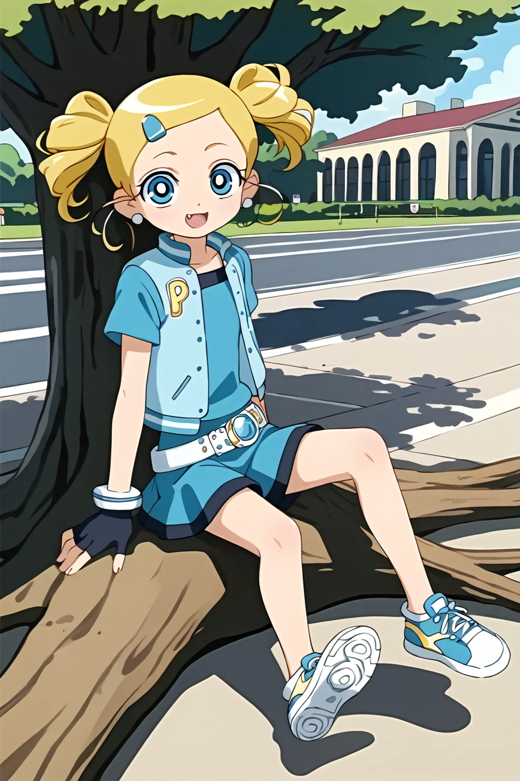 score_9, score_8_up, score_7_up, BREAK source_anime,masterpiece, best quality, highly detailed,absurdres, anime,highres,8k, shadow,uncensored,
, outdoors, simple background,   theme park,
, cowboy shot, sitting on tree,,full body,  1girl, pure smile, fang,
, presenting self, looking at viewer,  soles, focus legs, sneakers,
 , <lora:Miyako:0.8>,miyako transformation, blue skirt,vest,glove,earrings,blonde, <lora:StS_detail_slider_v1:2.0>
