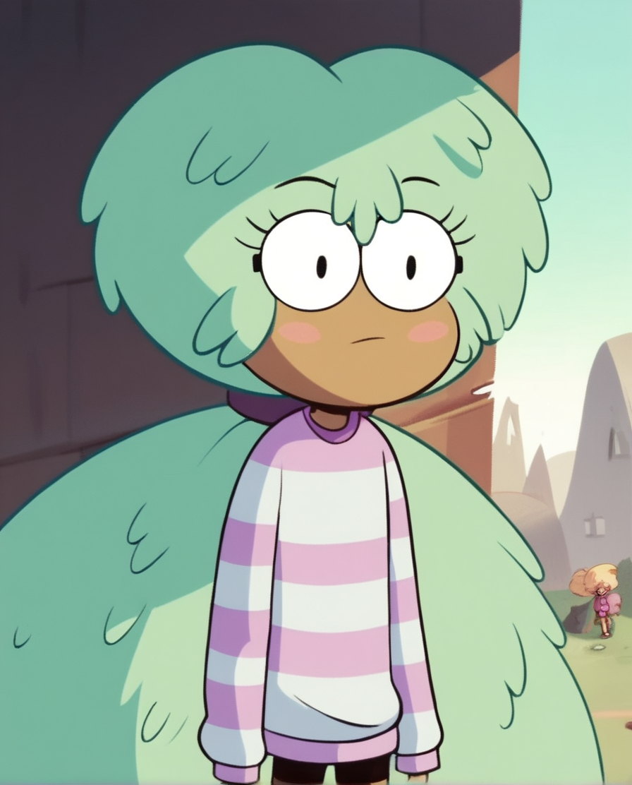 <lora:KellyStarVSPony:1.0> kelly, 1girl, glasses,green long hair, ponytail, blush stickers, striped,, long sleeves, bike shorts, score_9, score_8_up, score_7_up, score_6_up, score_5_up, score_4_up, looking at viewer, cowboy shot,outdoors,